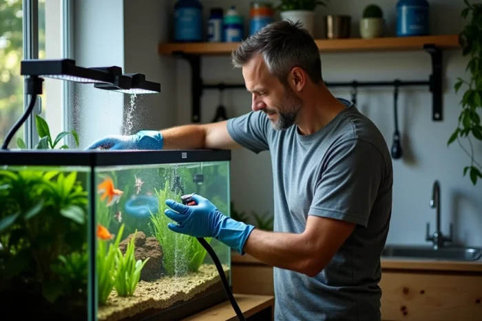 Homme effectuant une vidange partielle d'aquarium avec un siphon dans une fishroom domestique bien organisée