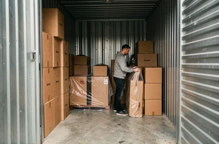 Homme organisant des cartons et des meubles emballés dans un box de stockage loué en région parisienne proche de Noisy-le-Grand