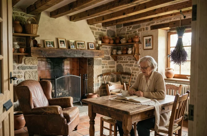 Intérieur d'une maison de famille bourguignonne avec femme âgée lisant dans un salon en pierre
