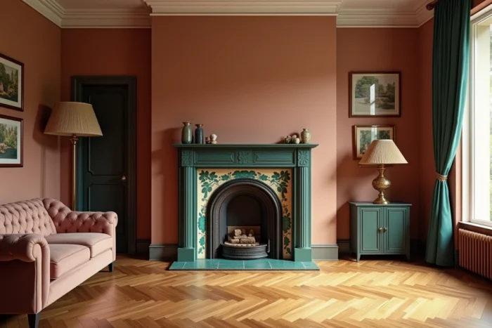 Salon intérieur restauré d'une maison Art Déco des années 1920 avec parquet en chêne, cheminée en fonte et moulures géométriques au plafond