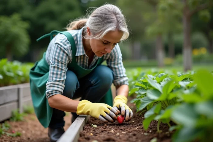 Femme jardinière inspectant des plants de fraisiers pour détecter la présence de carabes nuisibles