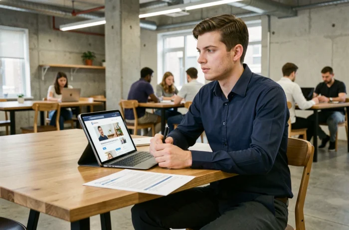 Jeune homme consultant une plateforme de recrutement sur tablette dans un espace de coworking