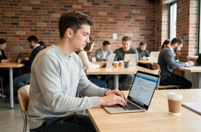 Jeune homme rédigeant son CV sur un ordinateur portable dans un espace de coworking moderne