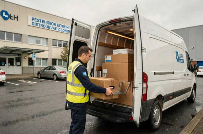 Technicien de livraison pharmaceutique chargeant des colis isothermes dans un camion frigorifique devant un centre hospitalier français