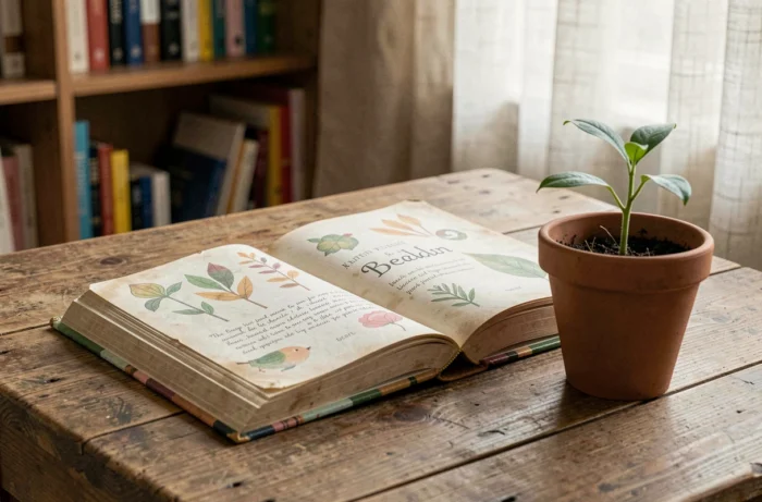 Livre de littérature jeunesse ouvert sur une table en bois avec une jeune pousse en pot, symbolisant l'univers littéraire de Tistou les pouces verts