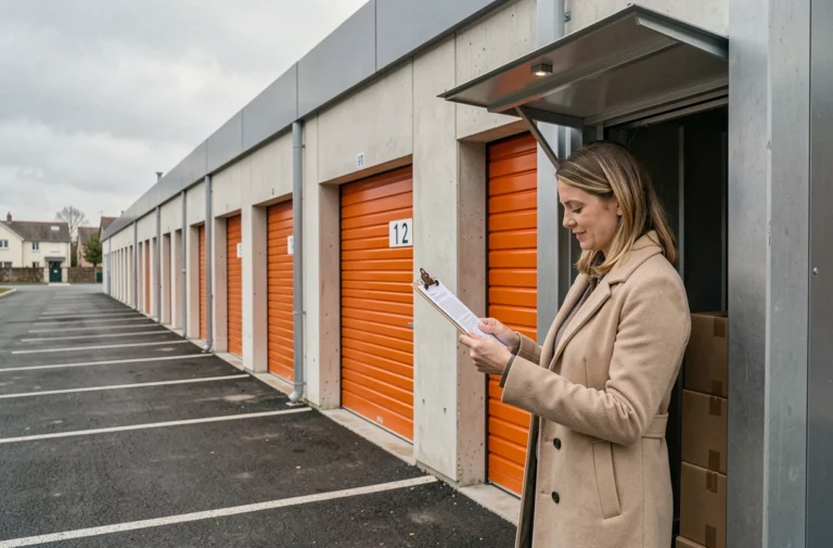 Femme consultant un contrat de location devant les box de stockage d'une installation moderne en banlieue parisienne près de Noisy-le-Grand