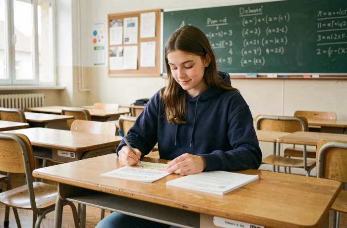 Lycéenne révisant ses notes colorées dans une salle de classe française, illustrant les conseils pour réussir au lycée