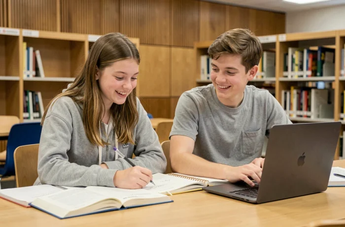 Deux lycéens travaillant ensemble à la bibliothèque du lycée sur leurs cours, symbolisant la coopération et la réussite scolaire