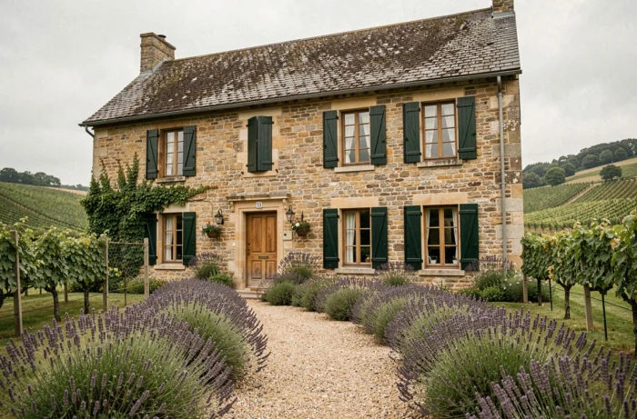 Maison bourguignonne traditionnelle en pierre avec jardin et volets verts entourée de vignes
