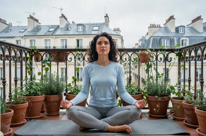 Jeune femme faisant de la méditation sur un balcon parisien pour réduire la fatigue et le stress professionnel