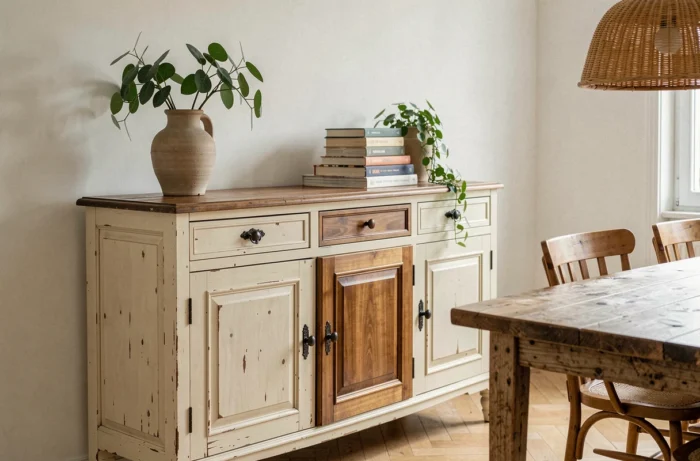 Meuble chiné vintage en bois patiné utilisé comme pièce maîtresse dans une salle à manger minimaliste
