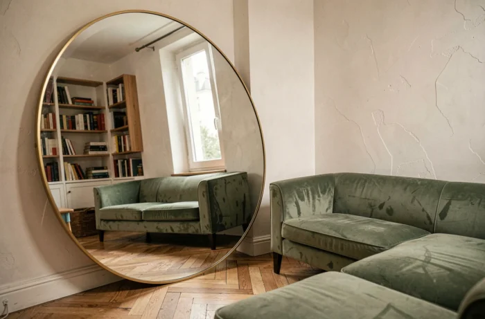Grand miroir rond à cadre laiton posé contre un mur dans un petit salon pour agrandir visuellement l'espace