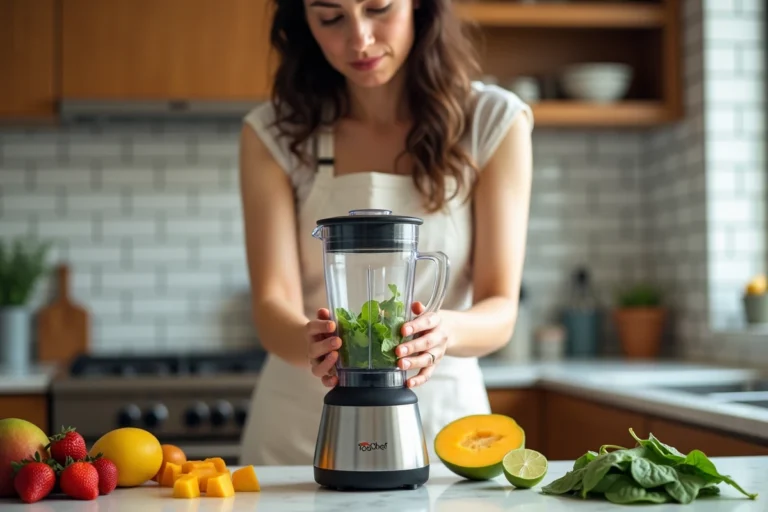 Femme utilisant un mixeur blender Top Chef en cuisine avec des fruits frais pour préparer un smoothie maison