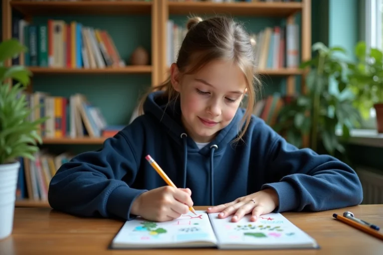 Adolescente décorant une page de garde SVT avec des crayons de couleur et des stickers botaniques sur son bureau scolaire en bois