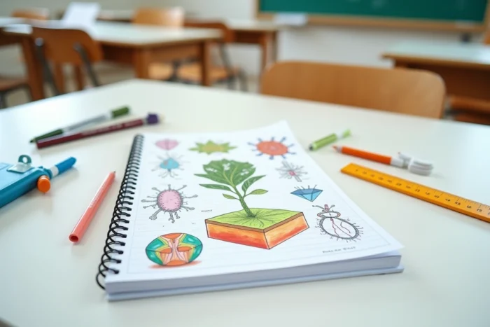 Page de garde SVT imprimée posée sur un bureau scolaire avec des marqueurs, une règle et des ciseaux prêts pour la personnalisation
