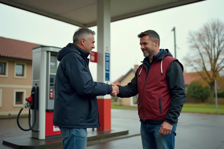 Homme payant son carburant par chèque à une station essence indépendante en France rurale