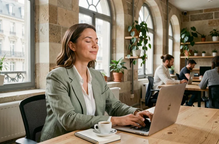 Femme parisienne prenant une pause mindfulness dans un espace de coworking calme pour gérer le stress au travail