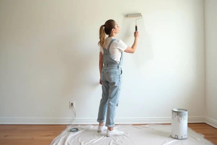Femme en train de peindre un mur de salon lors d'une rénovation intérieure