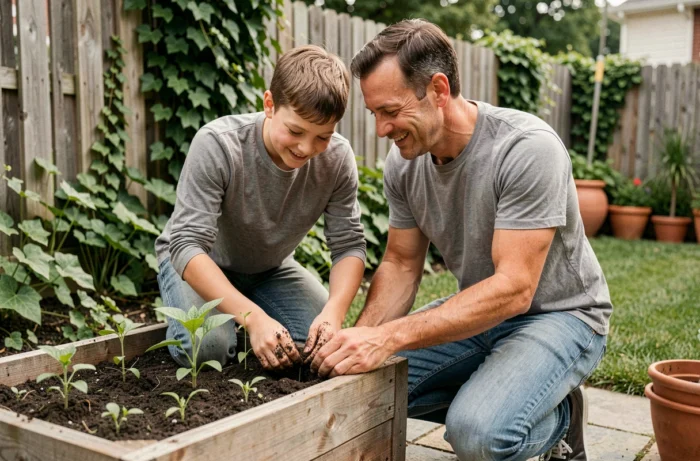 Père et fils jardinant ensemble dans le jardin familial un week-end ensoleillé