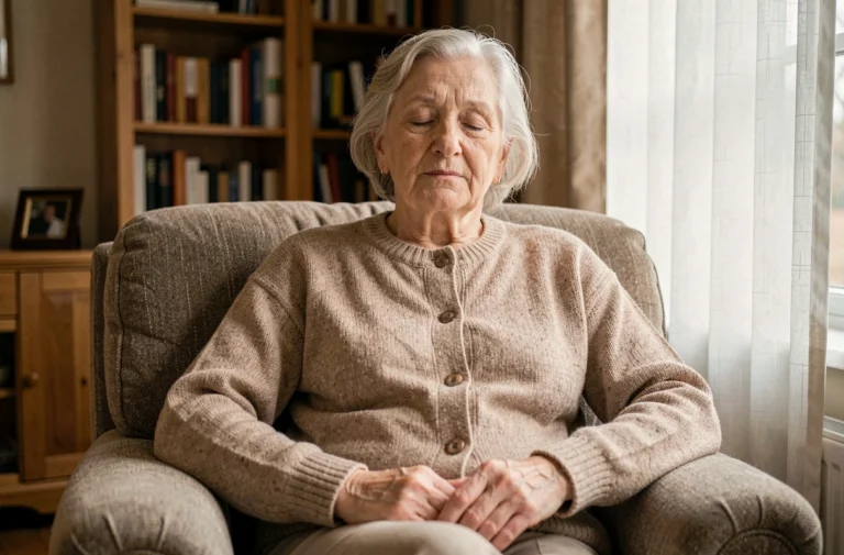 Femme âgée aux yeux fermés assise dans un fauteuil confortable dans un salon chaleureux