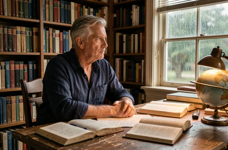 Homme philosophe assis à un bureau ancien entouré de livres de philosophie et de science dans une bibliothèque personnelle