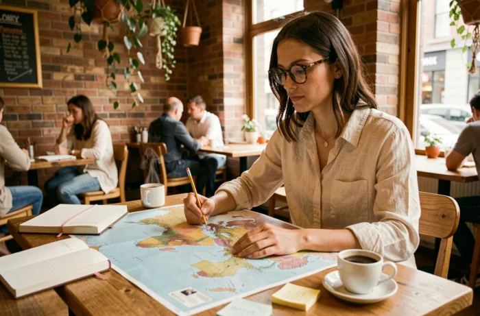 Femme planifiant un voyage du monde avec une carte papier dans un café chaleureux