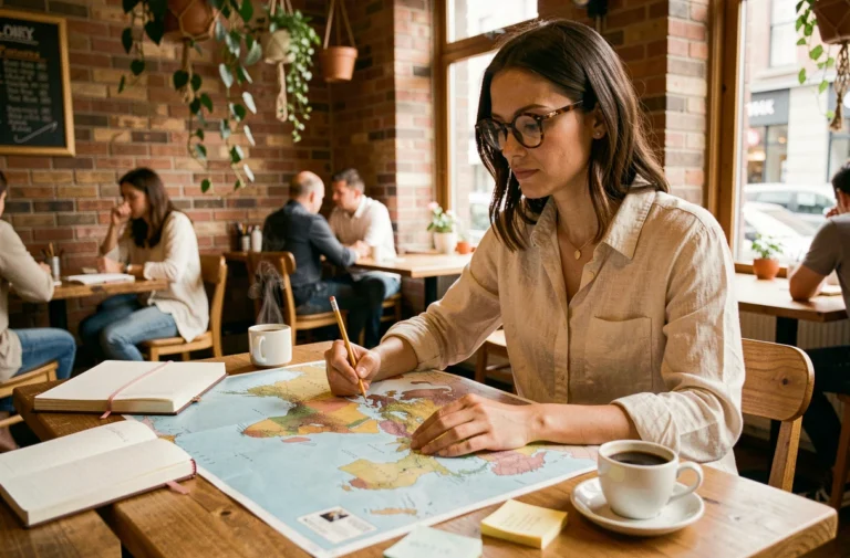 Femme planifiant un voyage du monde avec une carte papier dans un café chaleureux
