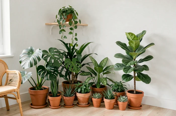 Accumulation de plantes vertes en intérieur avec monstera, pothos et succulentes dans des pots en terracotta