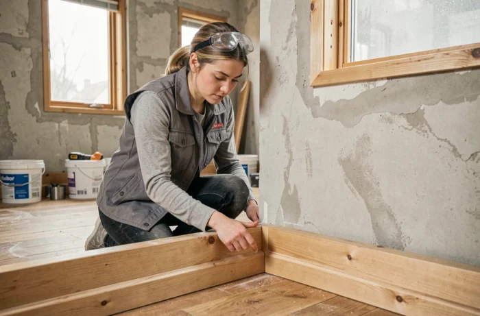 Femme bricoleur ajustant deux plinthes coupées en onglet à un angle de coin dans une pièce en rénovation