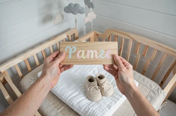 Mains de parents tenant un prénom en bois personnalisé pour bébé entouré d'accessoires de naissance