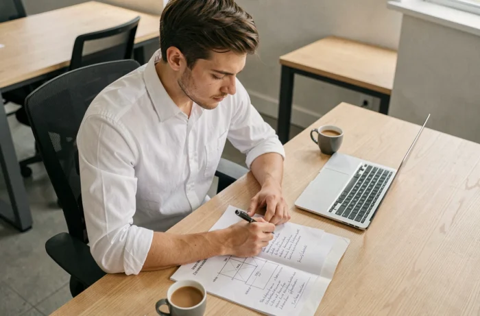 Jeune professionnel révisant ses notes de cas stratégiques dans un espace de coworking avant un entretien BCG