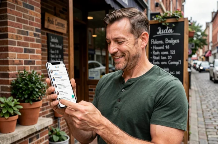 Propriétaire de café local consultant les avis clients sur Google Business Profile devant son établissement