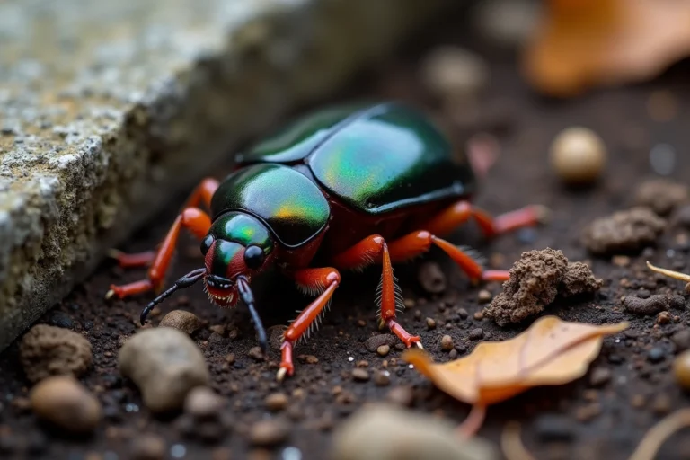 Gros plan d'un carabe Pseudoophonus rufipes sur la terre humide d'un jardin résidentiel