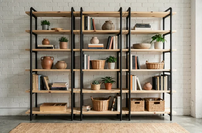 Étagères en bois brut et métal noir comme rangement apparent décoratif dans un salon moderne et rustique