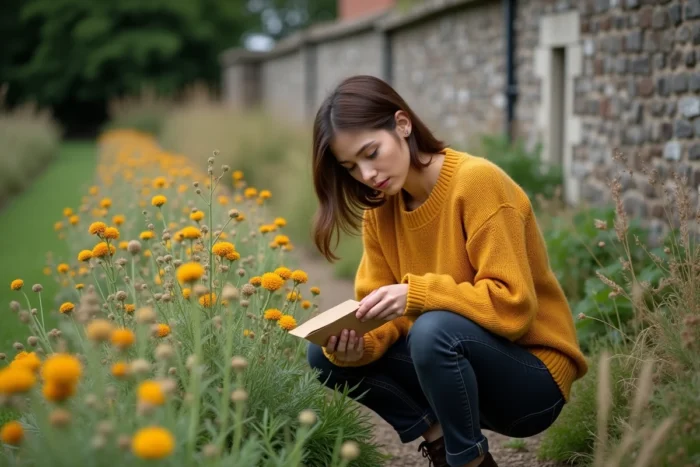 Jeune femme récoltant des graines de tanaisie dans une enveloppe kraft dans un jardin de cottage en fin d'été