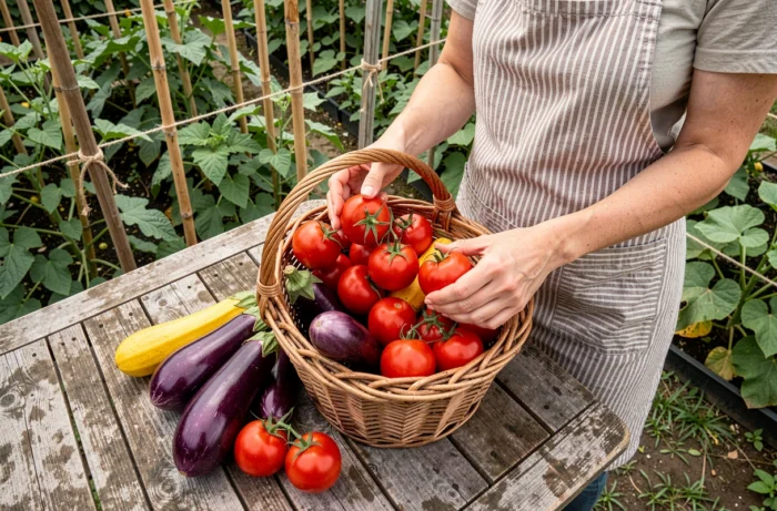 Récolte de tomates, aubergines et courgettes dans un panier en osier sur une table de jardin en bois