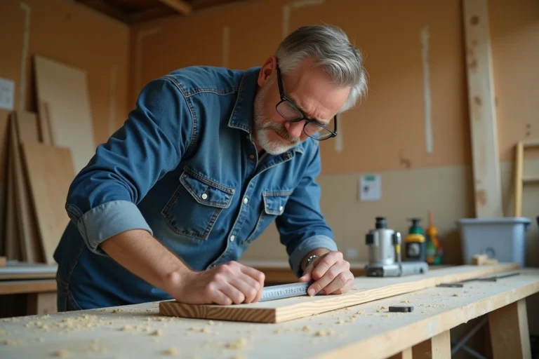 Homme mesurant une planche en bois lors de travaux de rénovation de cuisine