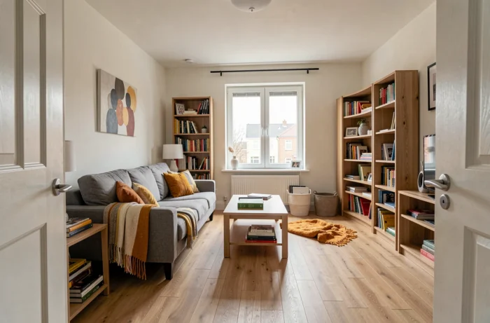 Réorganisation du mobilier existant dans un salon d'appartement avec canapé et bibliothèque repositionnés