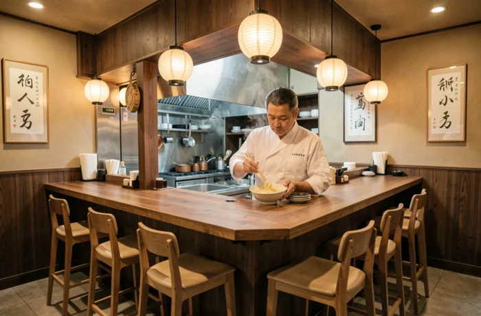 Chef japonais préparant un bol de ramen dans un restaurant japonais authentique à Lyon en Auvergne-Rhône-Alpes