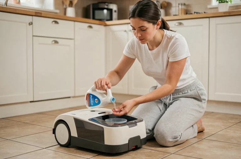 Femme versant du Sanytol dans le réservoir d'un aspirateur laveur Tineco sur carrelage de cuisine