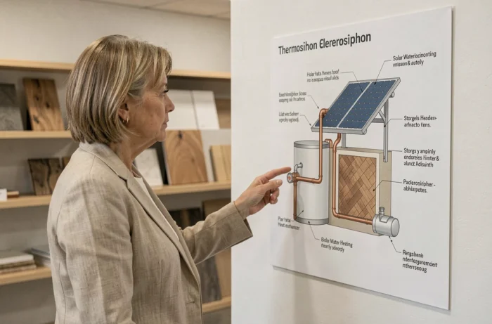 Femme lisant un schéma explicatif du fonctionnement d'un système de chauffage solaire thermique dans un showroom