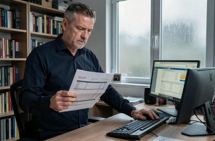 Homme examinant un relevé bancaire pour détecter une arnaque lors d'une transaction sur une plateforme de vente en ligne