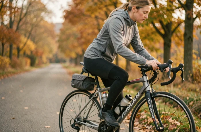 Cycliste testant une selle confortable sur un vélo Triban RC 120 le long d'un chemin champêtre en automne