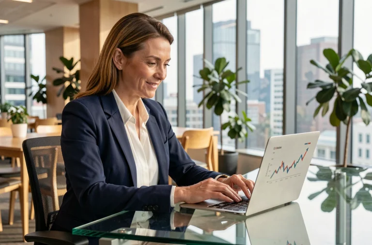Professionnelle en blazer marine analysant les performances de son entreprise sur un ordinateur portable dans un bureau moderne