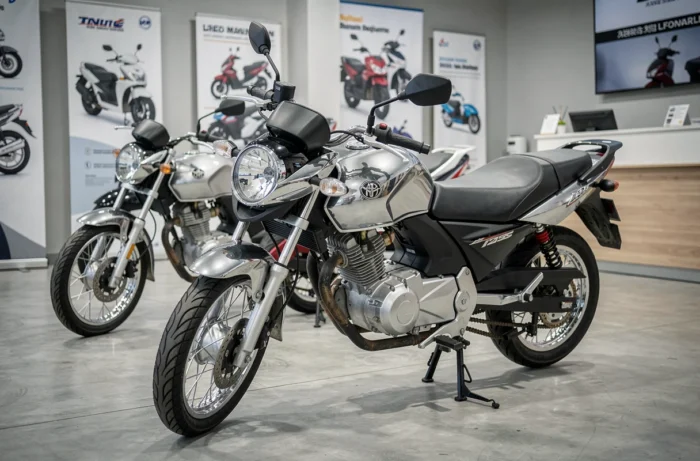 Showroom avec trois modèles de motos 125cc côte à côte mettant en avant le confort passager