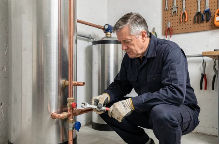 Technicien inspectant le ballon de stockage d'un système de chauffe-eau solaire thermique dans une chaufferie