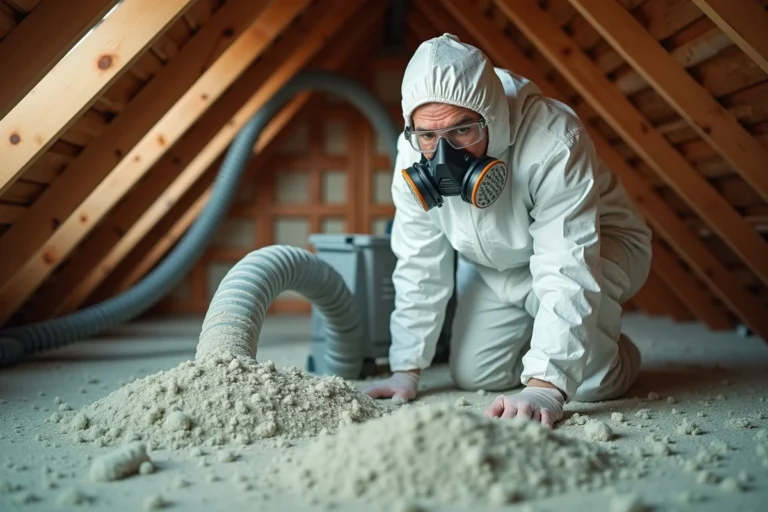 Technicien en combinaison de protection soufflant de la ouate de cellulose dans un grenier pour prévenir le tassement de l'isolation
