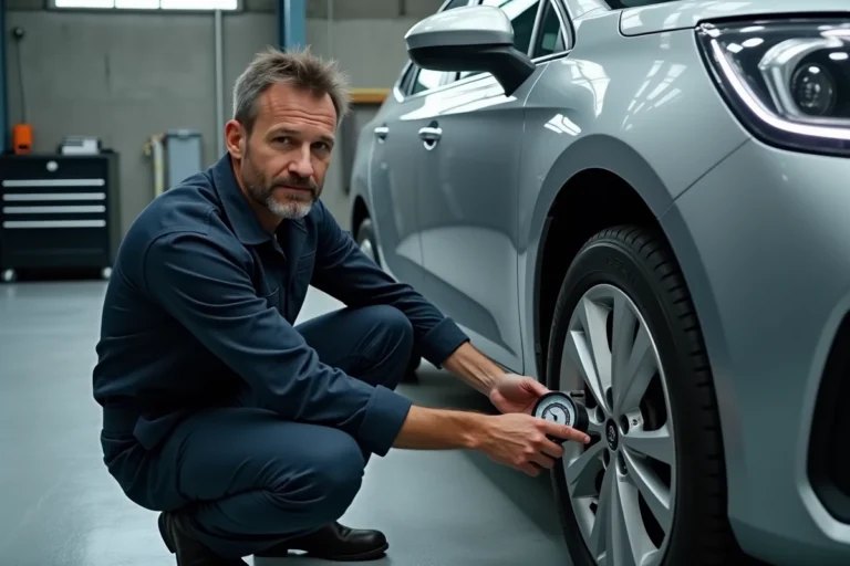 Technicien automobile vérifiant la pression des pneus d'une Citroën C5 avec un manomètre numérique dans un garage