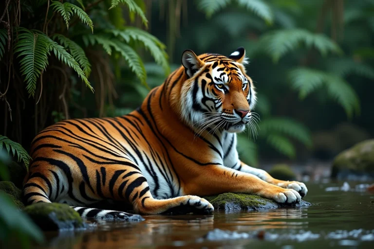 Tigre du Bengale au repos sur un rocher moussu en forêt tropicale, regard perçant et fourrure rayée mouillée au bord d'un ruisseau
