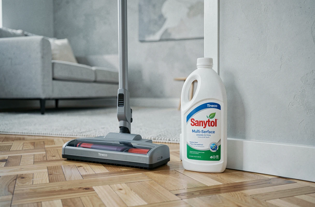Aspirateur laveur Tineco et bouteille de Sanytol posés côte à côte sur parquet dans un salon moderne